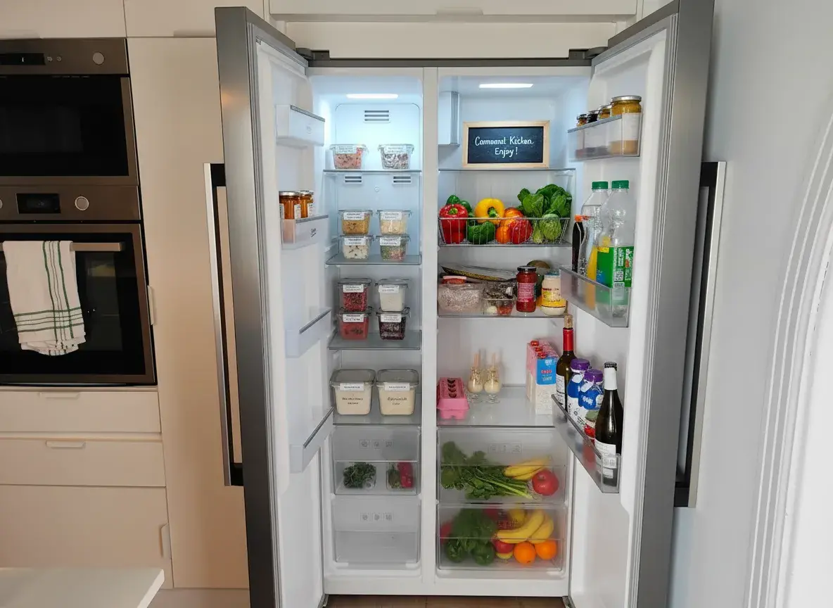 Cocina comunitaria con amplia nevera en hotel rural Lanzarote